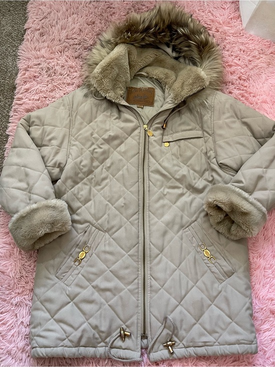 Jg Hook Jackets & Blazers - J.G. Hook Quilted Coat Womens Faux Fur Hood Beige Jacket Vintage Gold Hardware